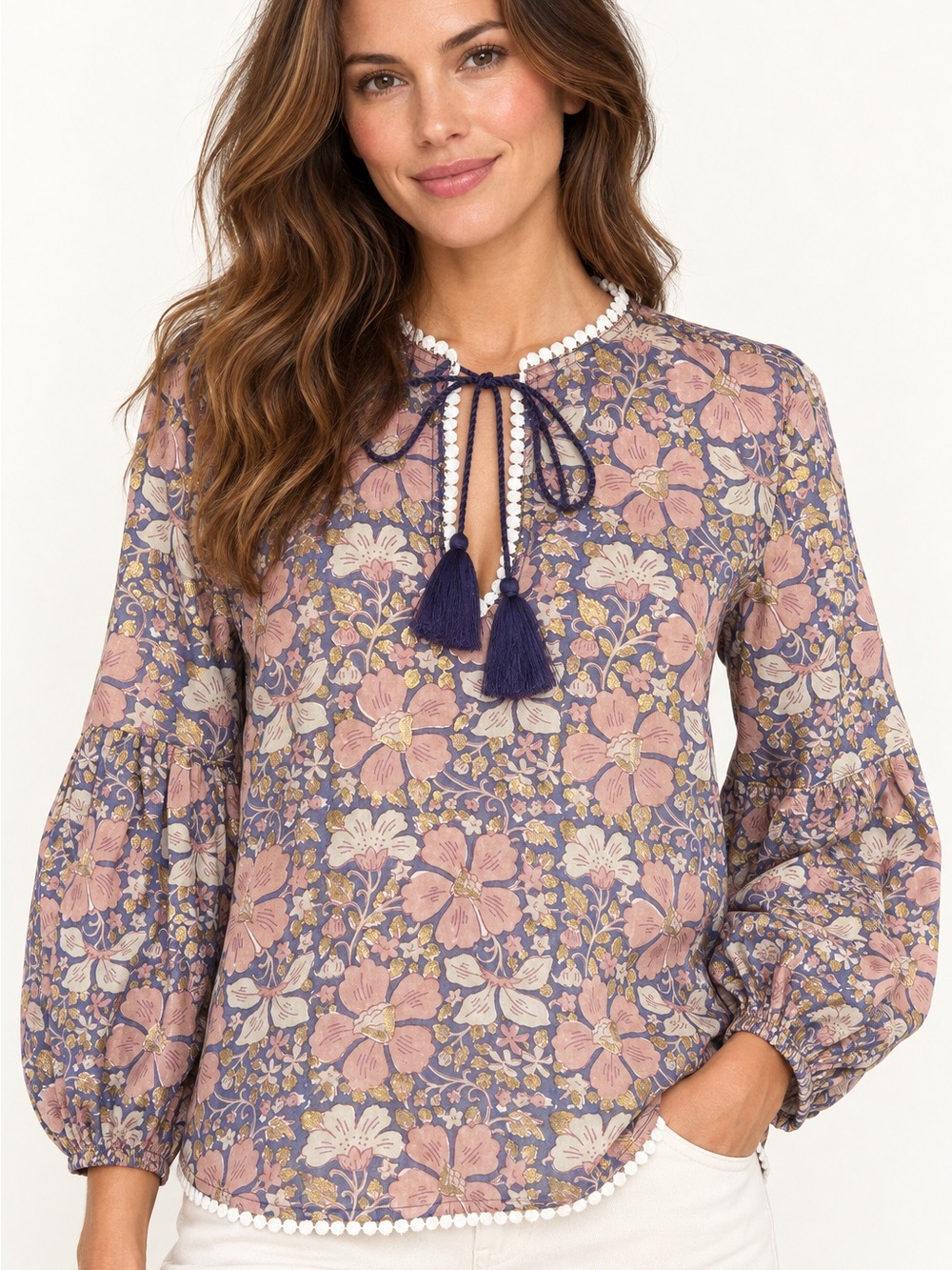 Oliphant S Matera Lavender Floral Balloon Sleeve Tie Neck Top NWT Gold Boho Chic